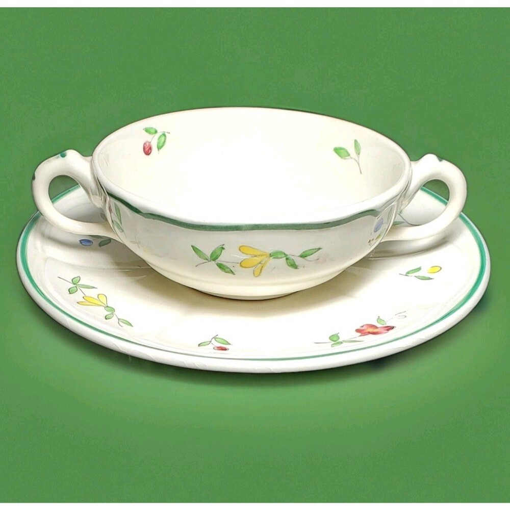 LONGCHAMP TULIP LOT 2 CREAM SOUP BOWLS & SAUCERS Porcelain 4 Pc FRANCE MCM VGC!